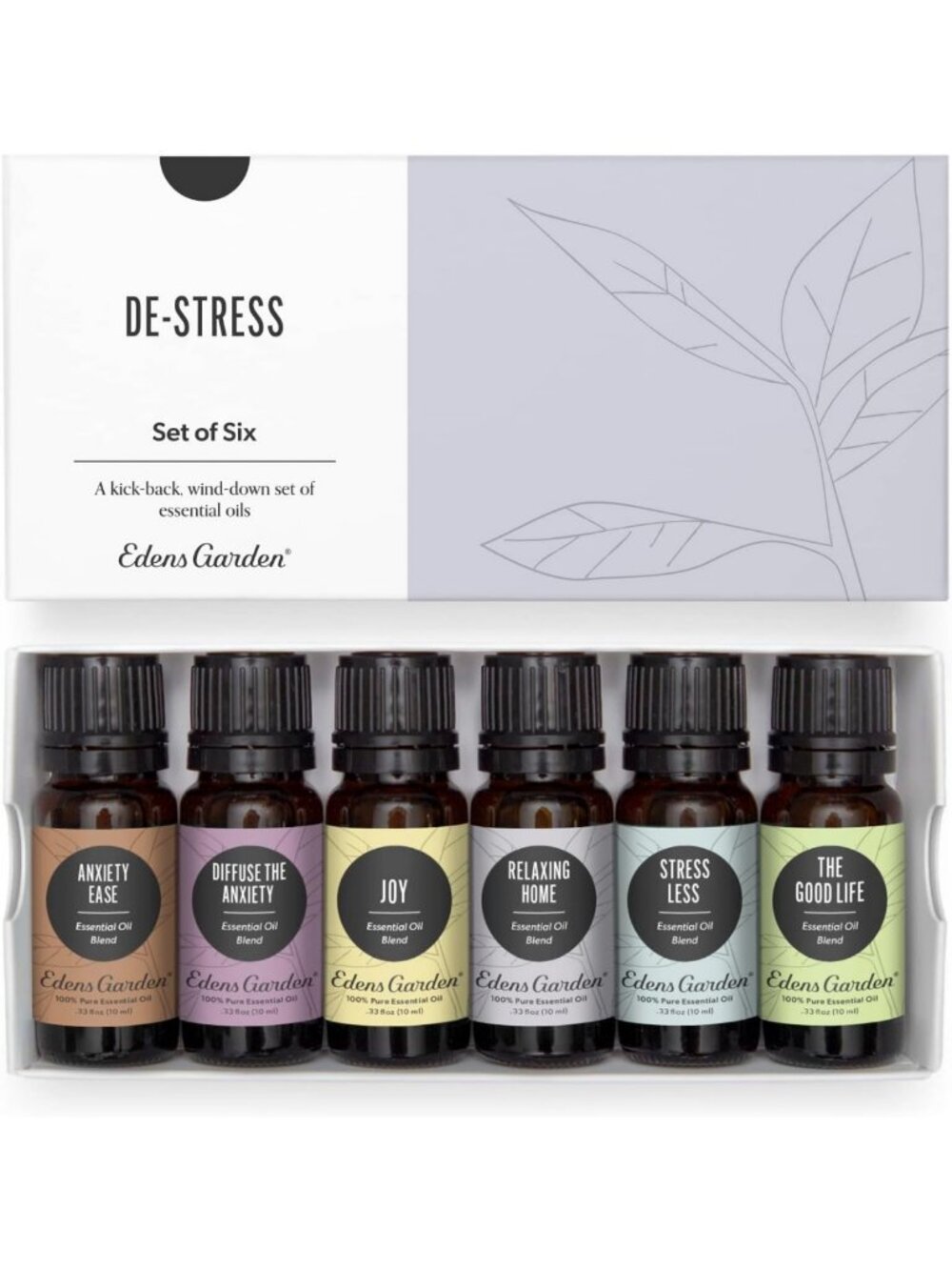 6-Pack De-Stress Essential Oils Set - 100% Pure Aromatherapy 10ml Bottles